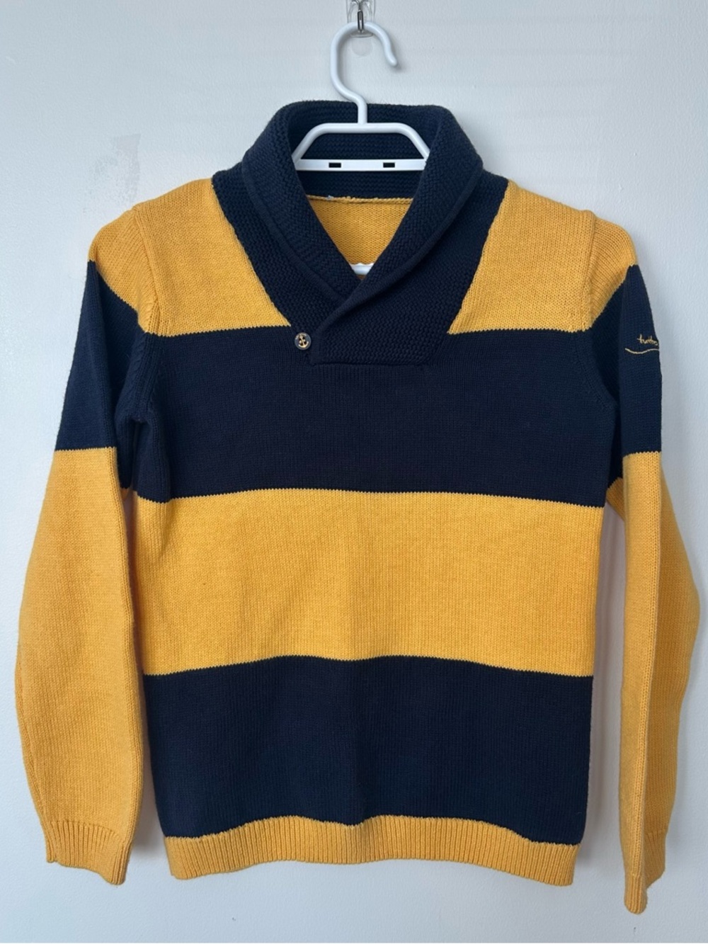 Tutto Piccolo Boys Knit Sweater Shawl Collar Navy Mustard Stripe 8–10